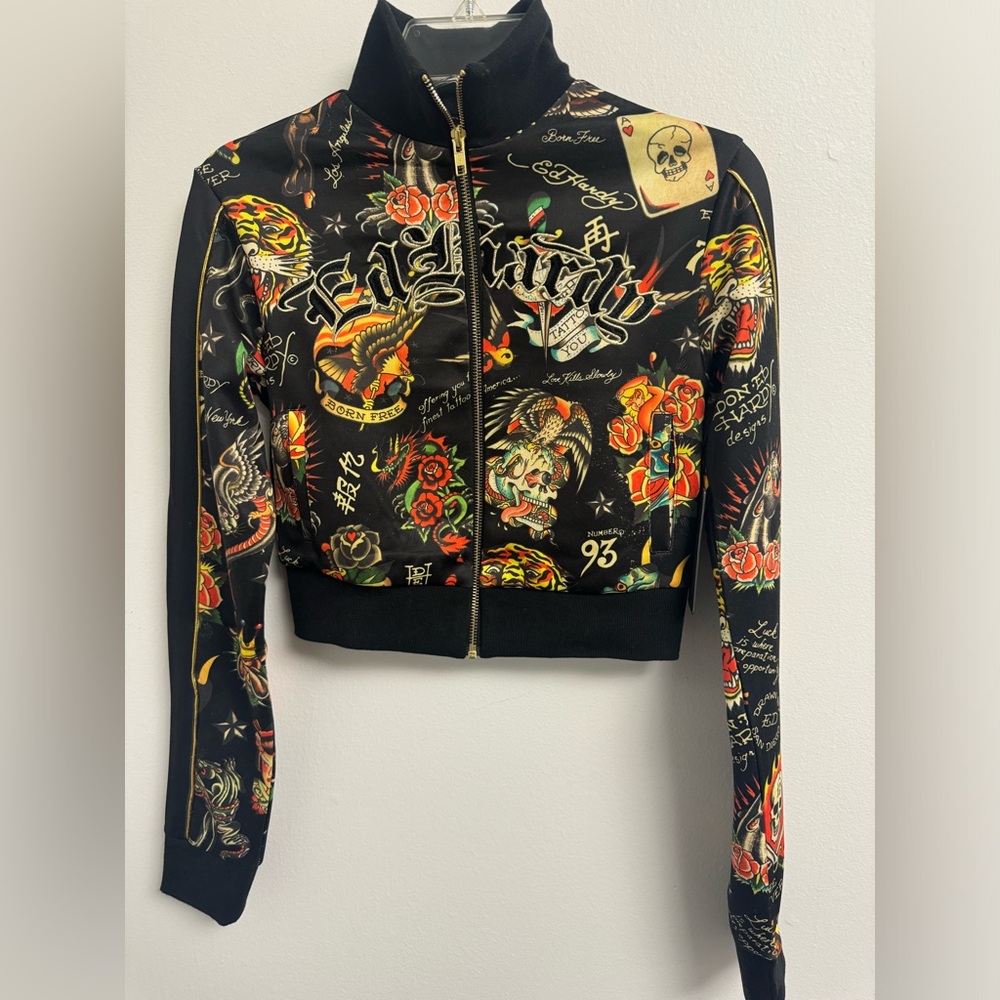 Ed Hardy Women’s Y2K Crop Zip-Up Track Jacket All-Over Tattoo Print NWT